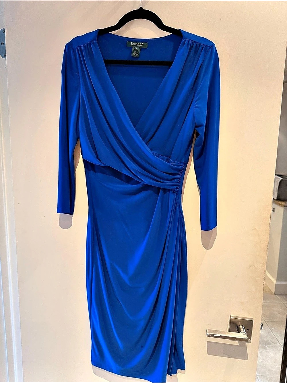 Lauren Ralph Lauren Jersey Faux-Wrap Dress Ruched Midi Blue Size 8